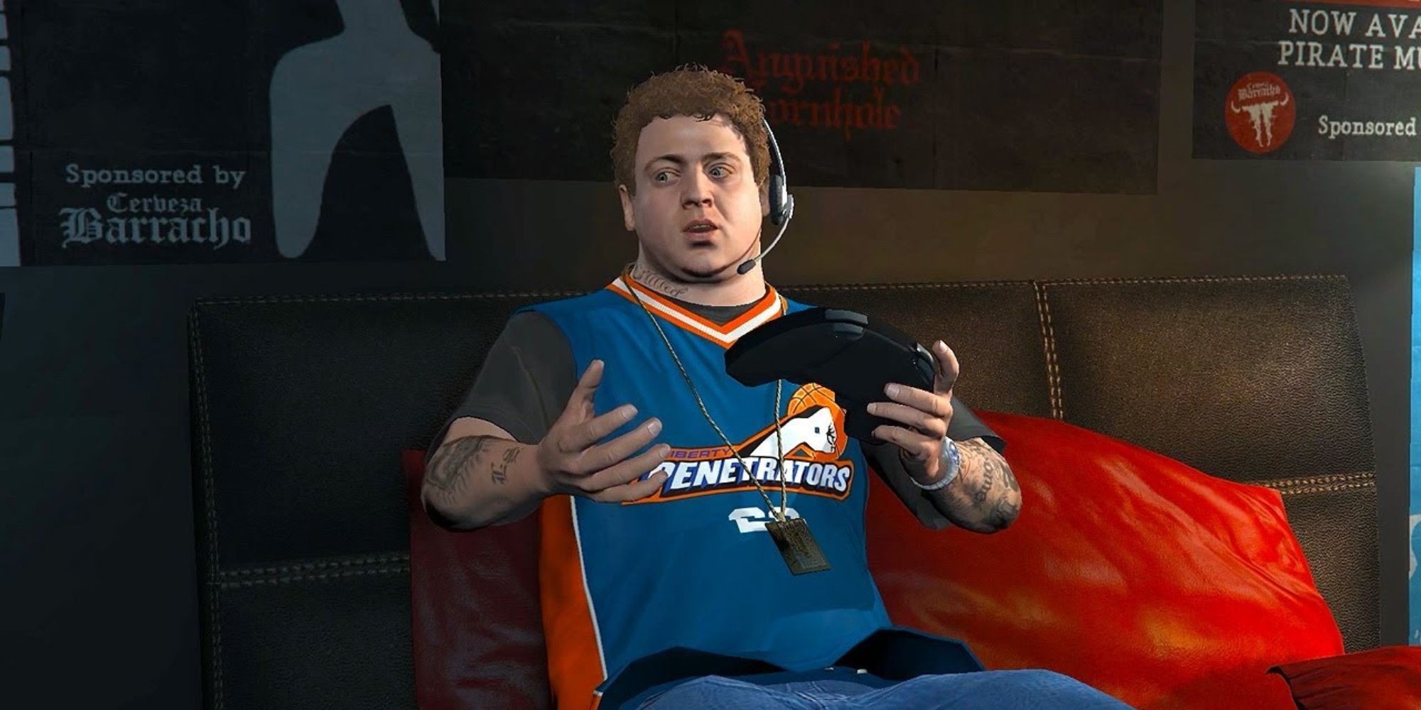 Grand Theft Auto 5 screenshot of Jimmy De Santa on bed playing a video game.
