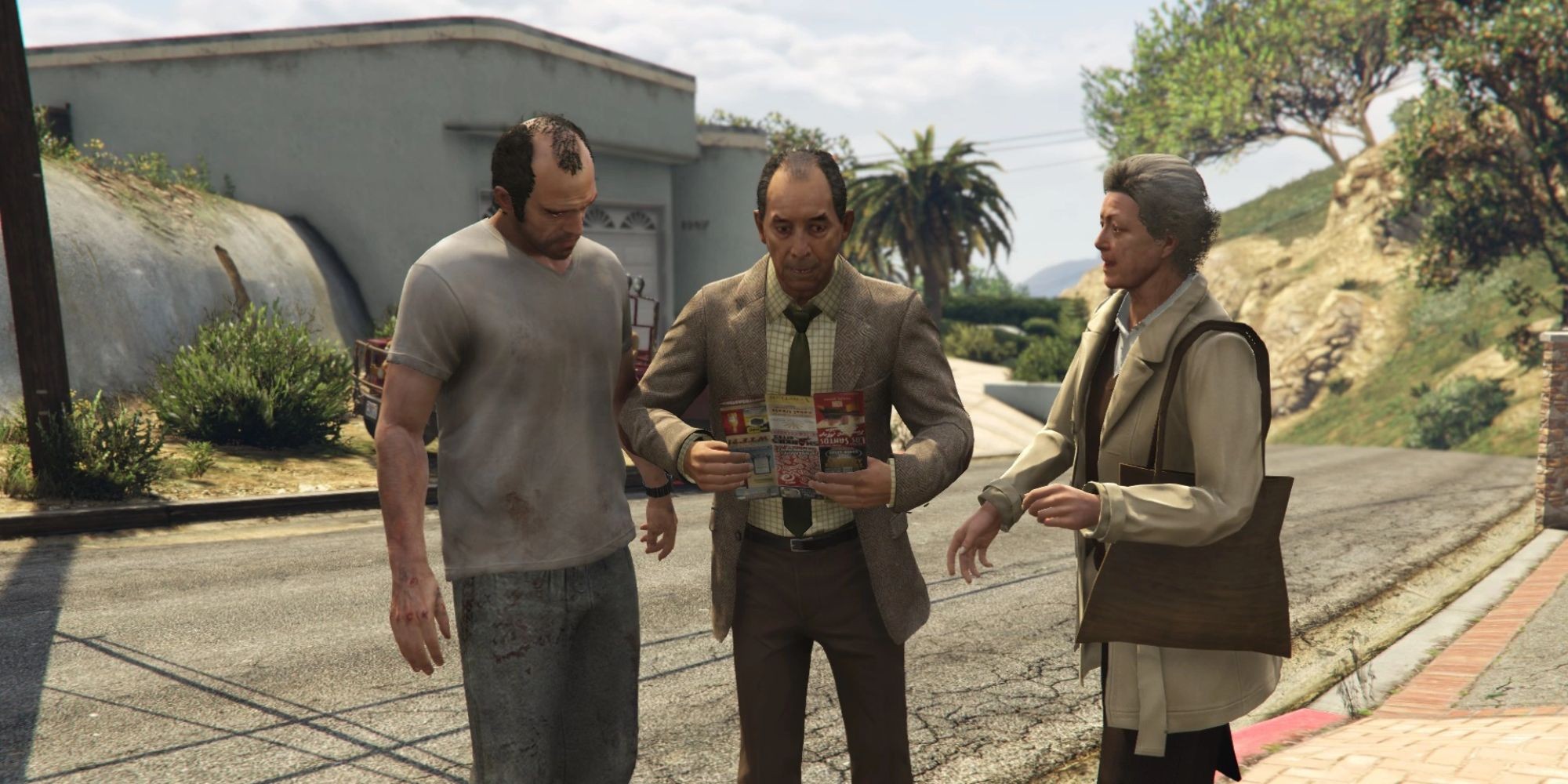 Grand Theft Auto 5 Screenshot Of Trevor, Nigel, and Mrs. Thornhill