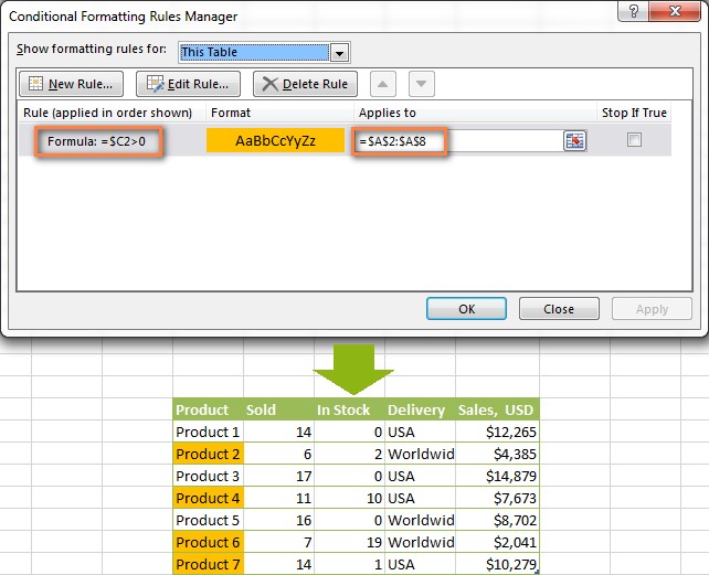 Excel conditional formatting rule to highlight cells based on another cell