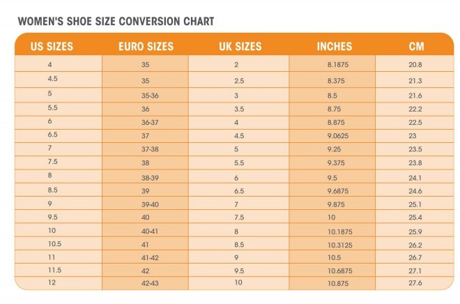 Youth to Women's Shoe Size Chart with Foot Measurement