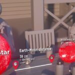 An animation of human-scale planets and stars in front of two people sitting behind a table.