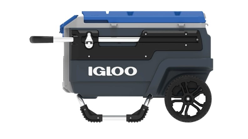 Igloo Trailmate Roller Cooler against a white backdrop, highlighting its off-road capabilities