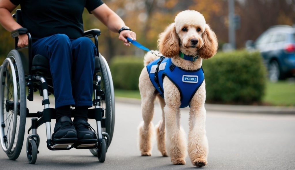 A person in a wheelchair holds the leash of an intelligent poodle, wearing a blue vest, as they move along a paved path.