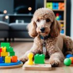 A curly-haired Poodle sits indoors on a wooden floor, surrounded by colorful toy blocks and shapes, with a couch and shelves in the background, showcasing its intelligence and versatility.