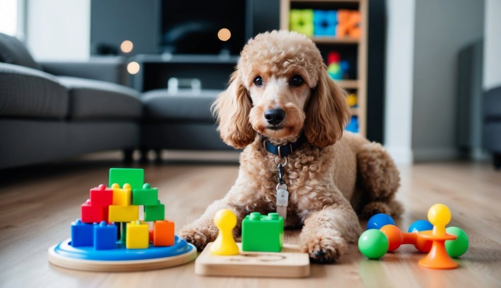 A curly-haired Poodle sits indoors on a wooden floor, surrounded by colorful toy blocks and shapes, with a couch and shelves in the background, showcasing its intelligence and versatility.