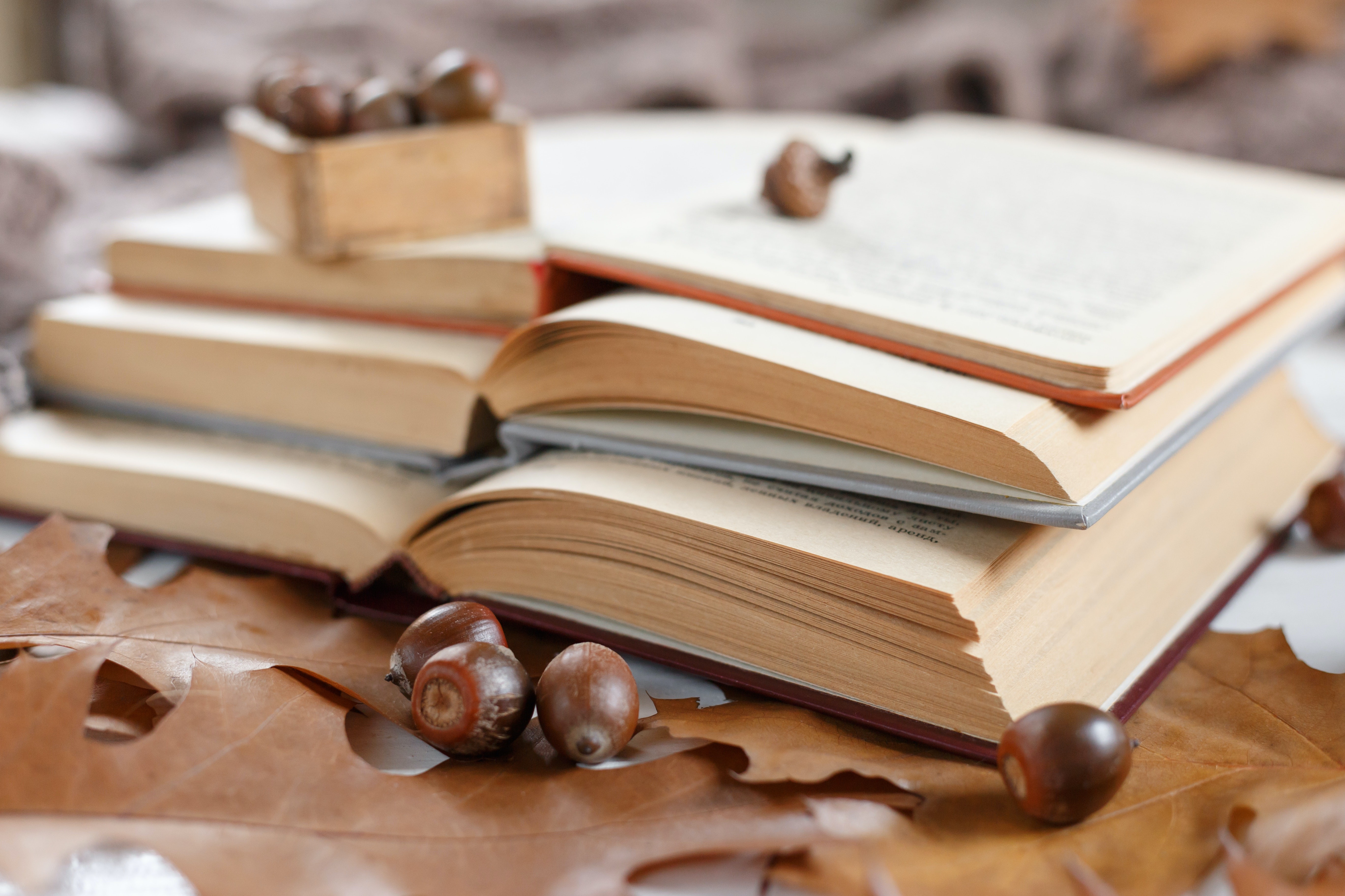Stack of three open books on a wooden table
