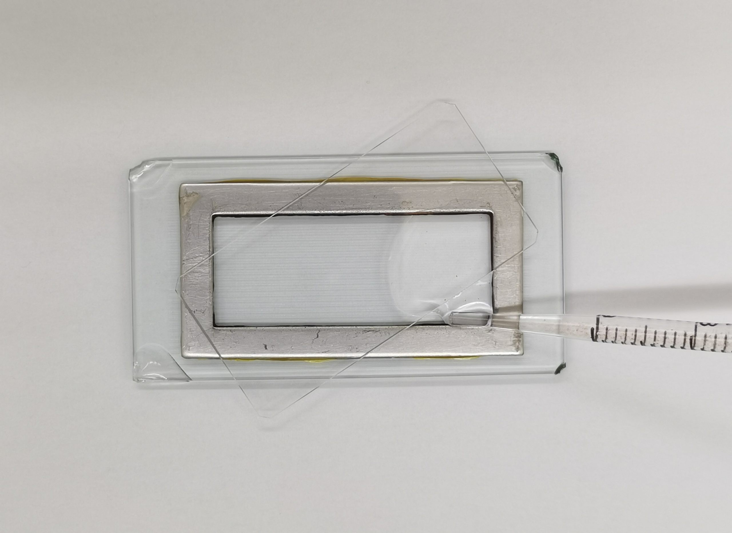Filling a Sedgwick-Rafter cell with a pipette, showing the diagonal placement of the coverslip to avoid air bubbles