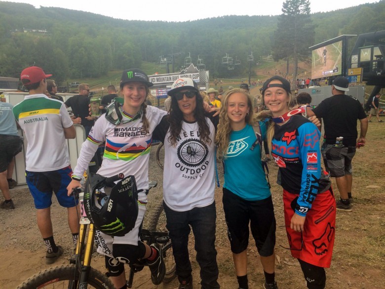 Mountain Biking World Cup Festival, Windham 2015: Manon, Missy, Tahnee and me!. This image showcases professional female mountain bikers at a World Cup event, highlighting the competitive aspect of the sport