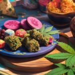 Cannabis-infused edibles and joint on a plate in indoor setting.