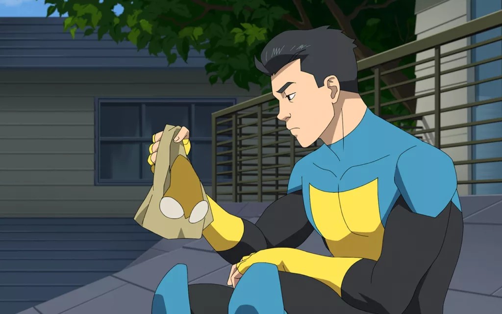 Mark Grayson, Invincible, looking determined despite being bruised and injured, symbolizing his growth and resilience