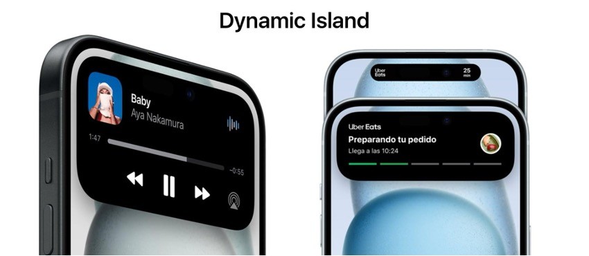 iPhone 15 Dynamic Island replacing the notch, providing interactive alerts and notifications