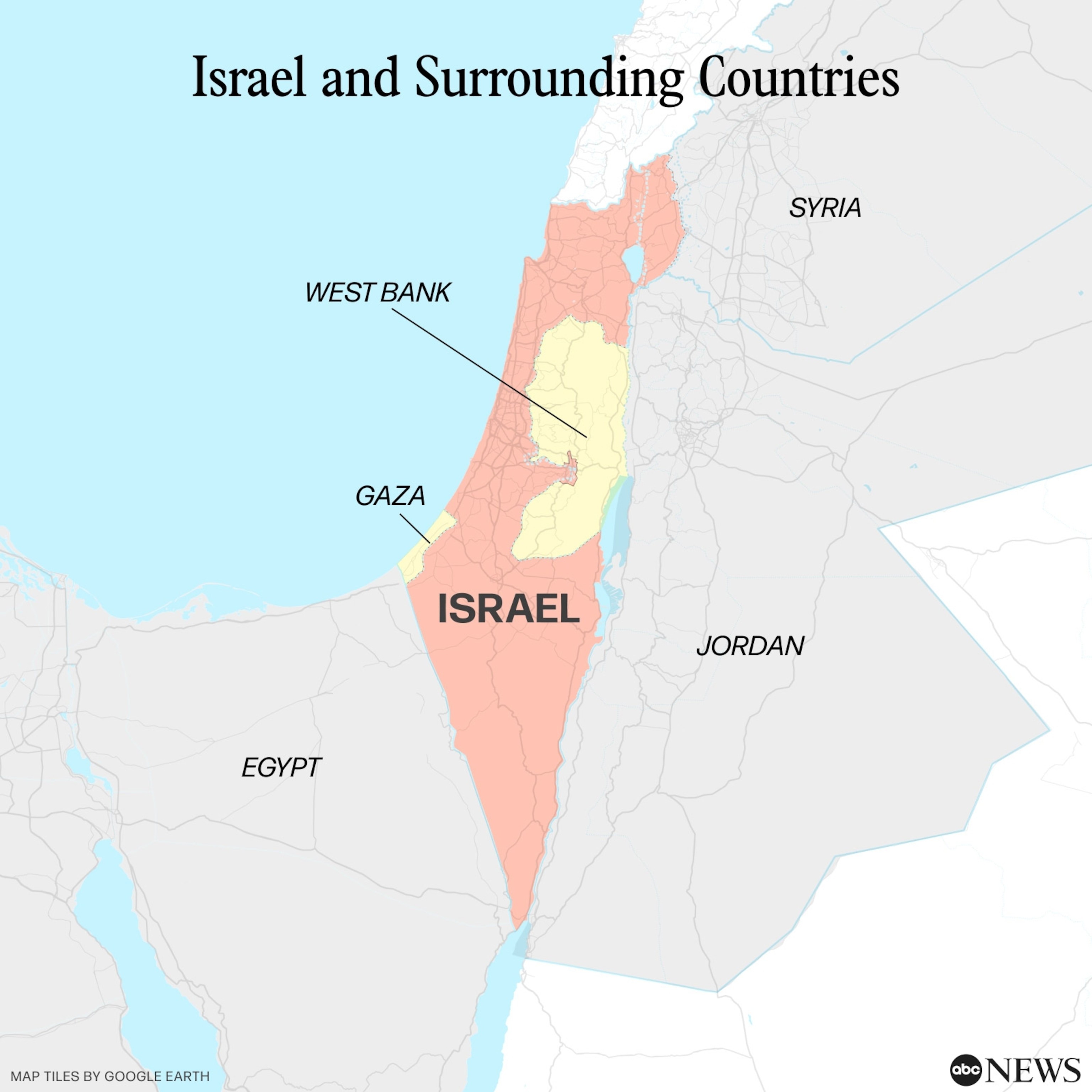 Map of Israel and surrounding countries, highlighting its small size