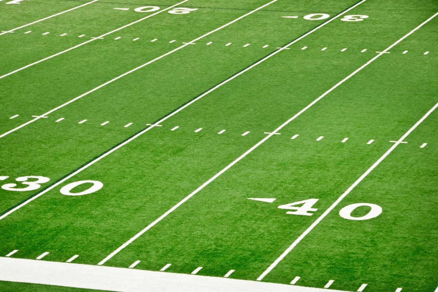 Aerial view of a soccer field, showing its dimensions
