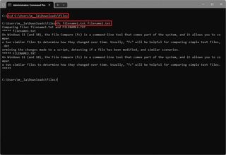 Command Prompt displaying file comparison using fc command