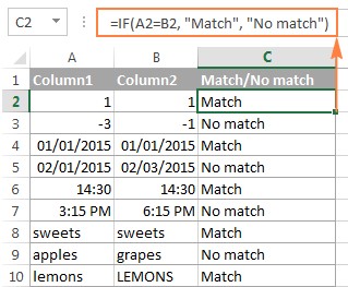 Compare two columns in Excel to identify matches and differences using IF formulas.