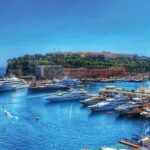Monaco city with high-rise buildings and Mediterranean Sea