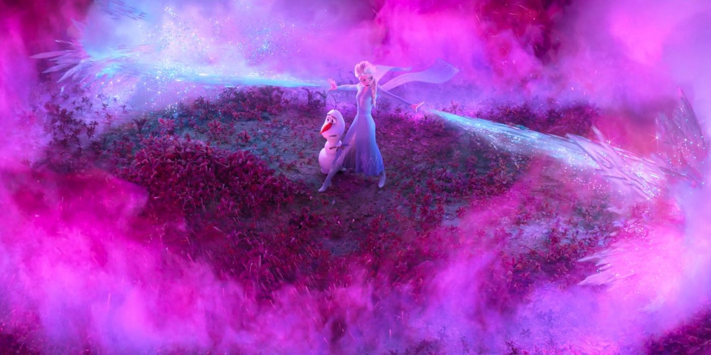 Olaf and Elsa in the middle of a fire in Frozen 2