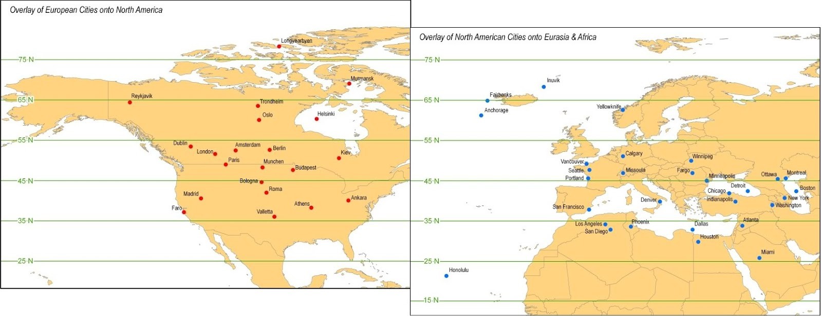 Map showing overlay of European cities onto North America, illustrating latitudinal similarities and differences