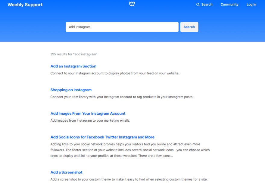 Weebly Support search results page showing various help topics related to adding Instagram features to a user