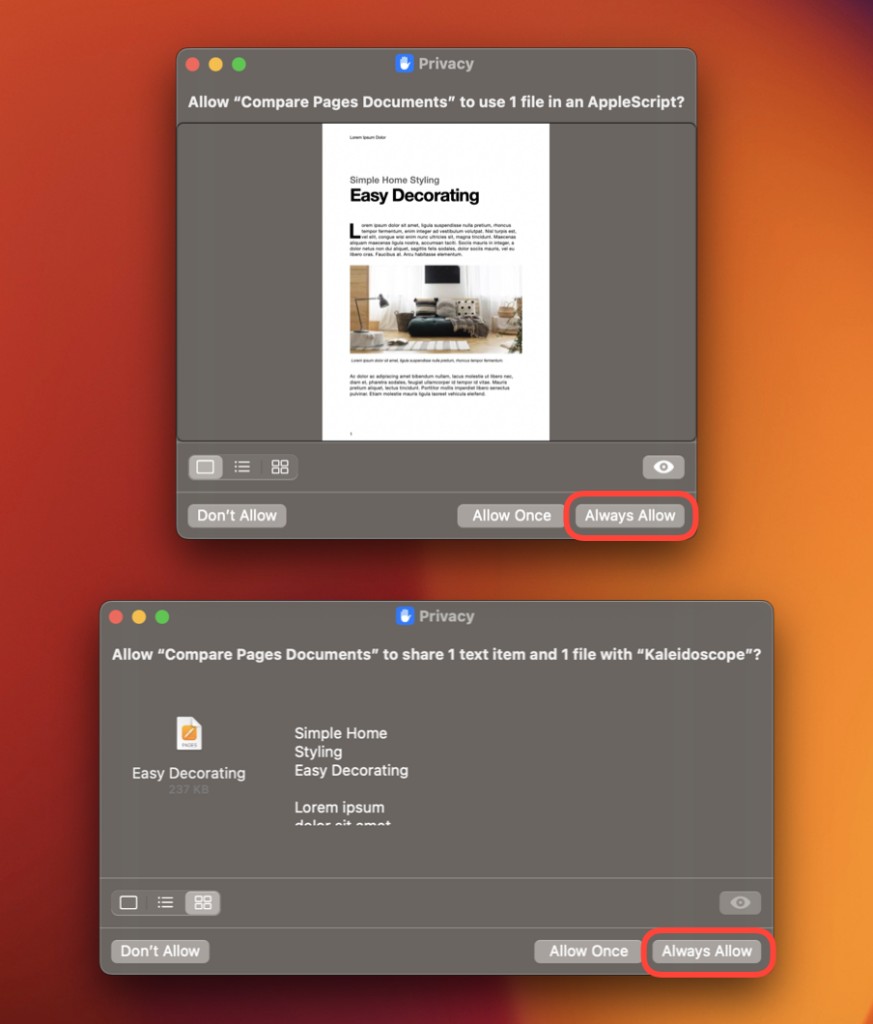 Allow “Compare Pages Documents” to use 1 file in an AppleScript? This privacy alert ensures secure file access for document comparison