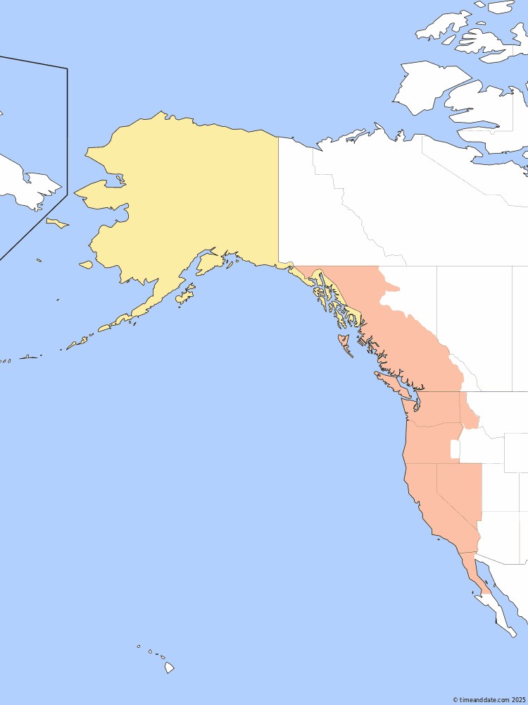 Map illustrating the geographical difference between CST and PST in North America