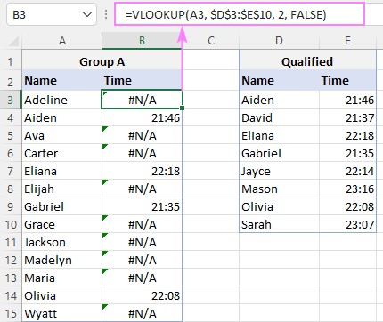 Compare two columns and return a matching value from third
