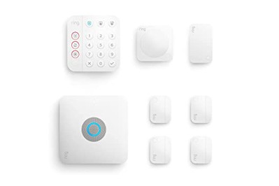 Ring Alarm keypad and contact sensor next to the Ring Alarm base station.