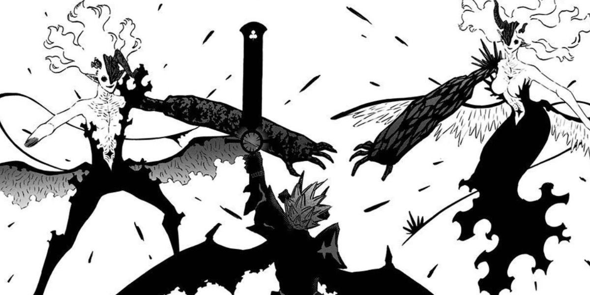 Asta raising the Demon-Destroyer sword while facing Lilith and Nahamah