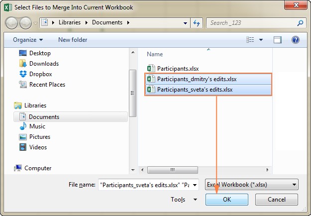 Select a copy of the shared workbook that you want to merge.