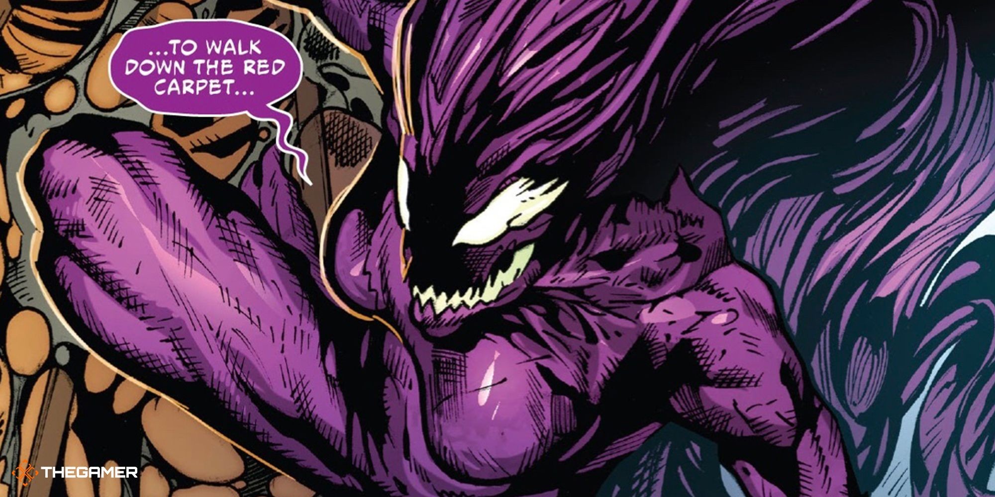 A purple female symbiote talking about walking down the red carpet.
