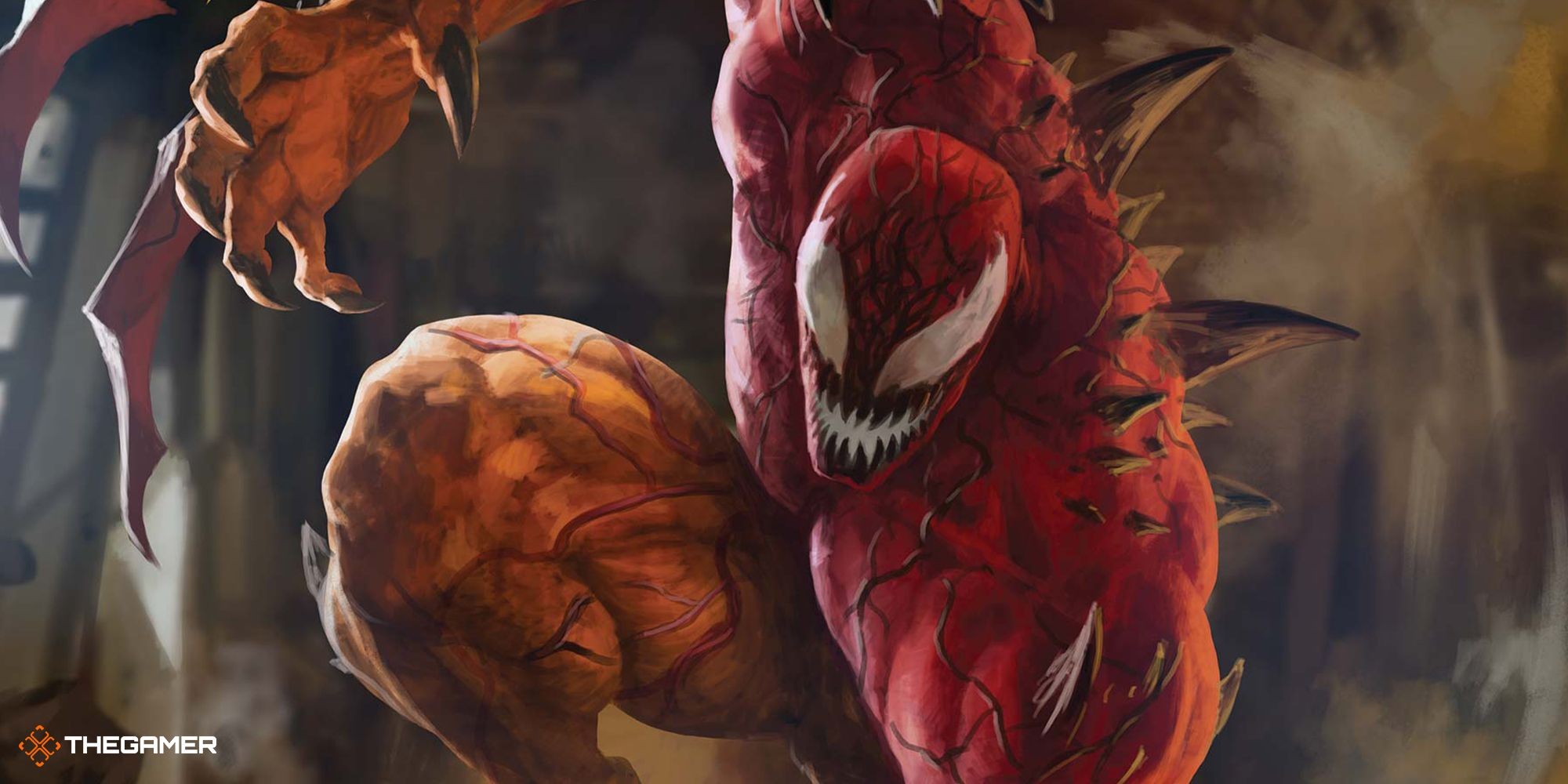 A Marvel symbiote coloured red and yellow, spikes emerging from its back.