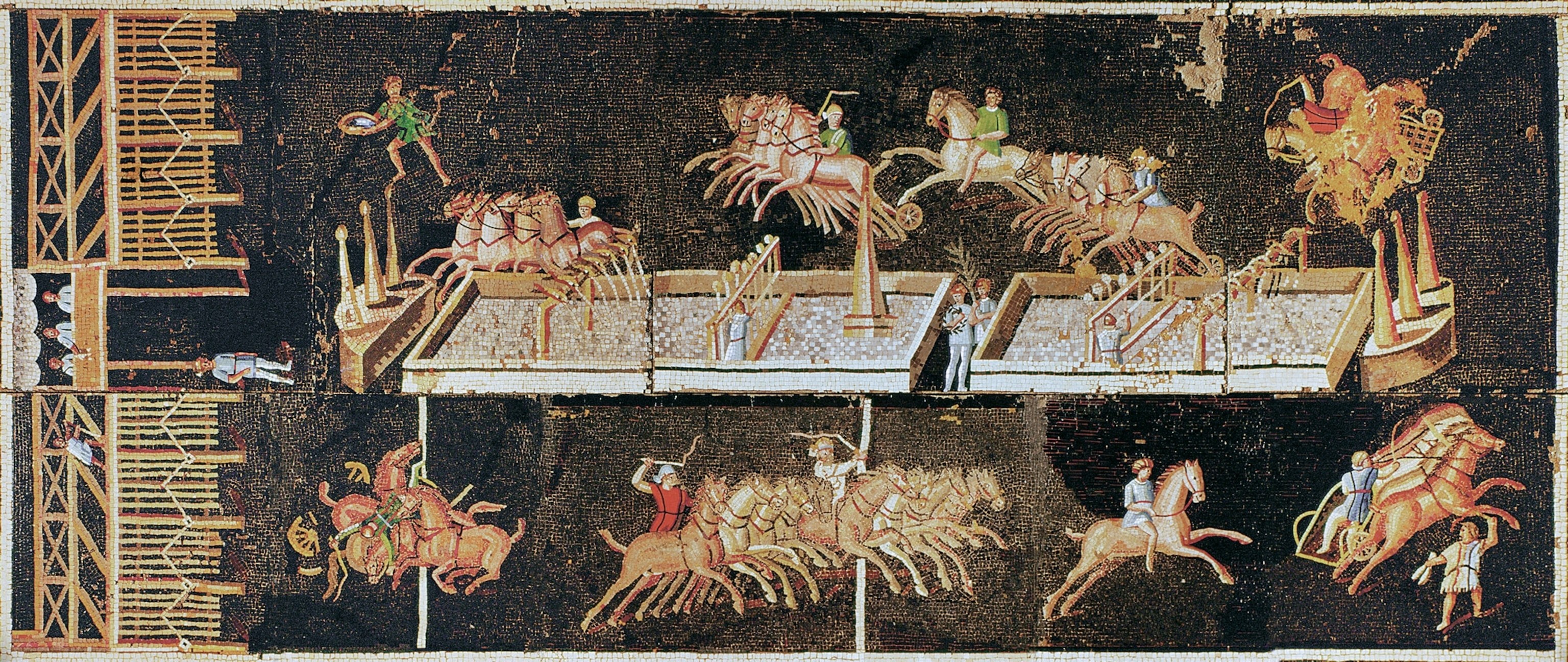 Mosaic depicting various staff roles at a chariot race