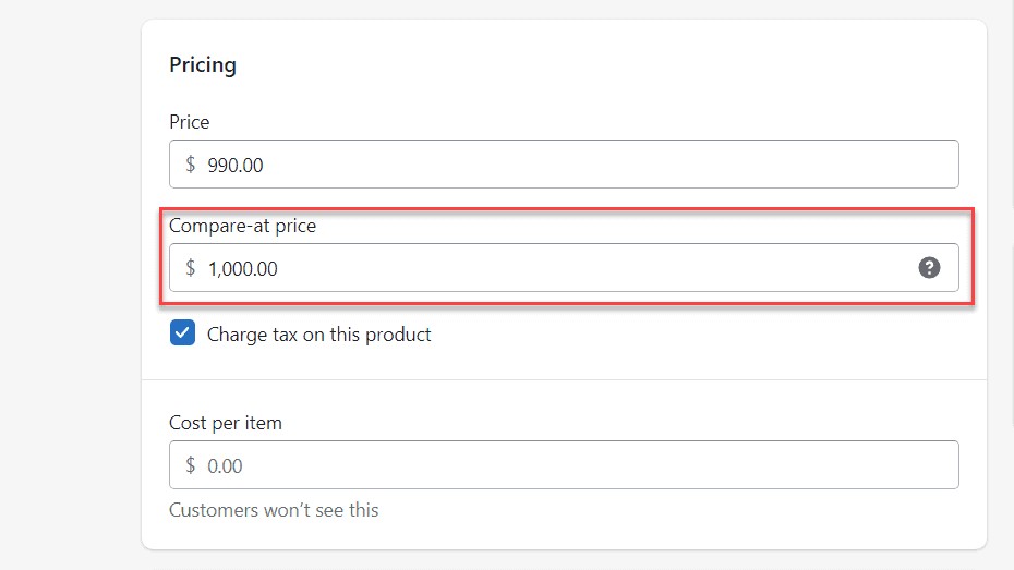 Screenshot of setting 'Compare At' Price in Shopify Admin.