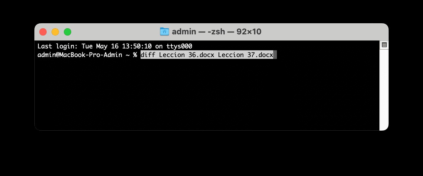 Terminal window showing the compare files command