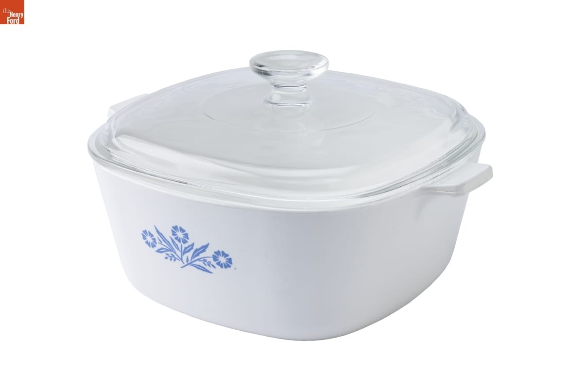 Vintage CorningWare casserole dish with Cornflower pattern, illustrating its versatility and classic design