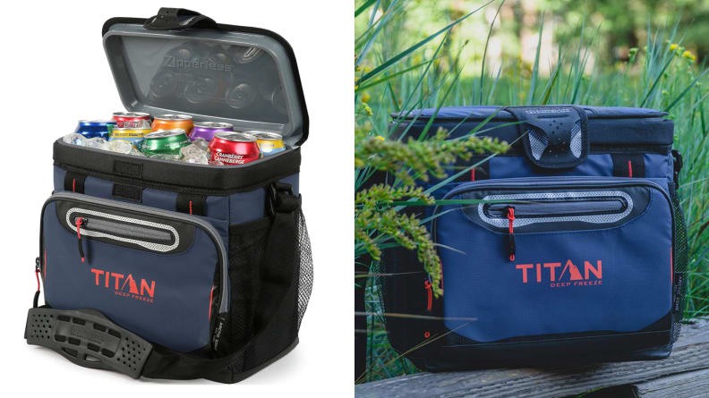 Arctic Zone Titan Cooler against a white background and in the wilderness, highlighting its versatility
