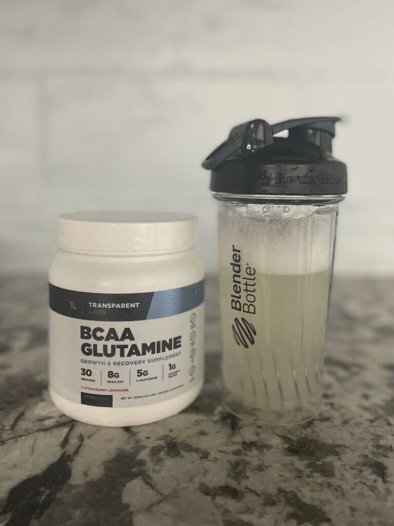 Transparent Labs BCAA Glutamine mixed in a shaker, showing the mixed supplement's appearance
