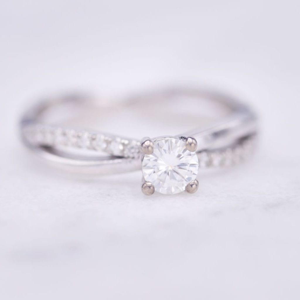 Close-up of a moissanite ring showcasing its brilliance