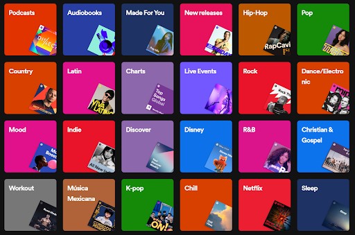 Amazon Music vs Spotify. Spotify dashboard showing cards for music genre library.