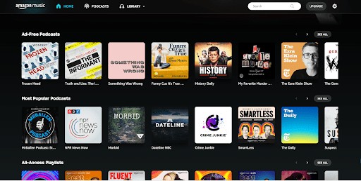 Amazon Music vs Spotify. Amazon Music dashboard showing library for some music genre.