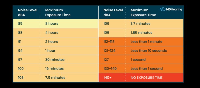 Safe Exposure Times for Different Noise Levels Based on NIOSH Guidelines