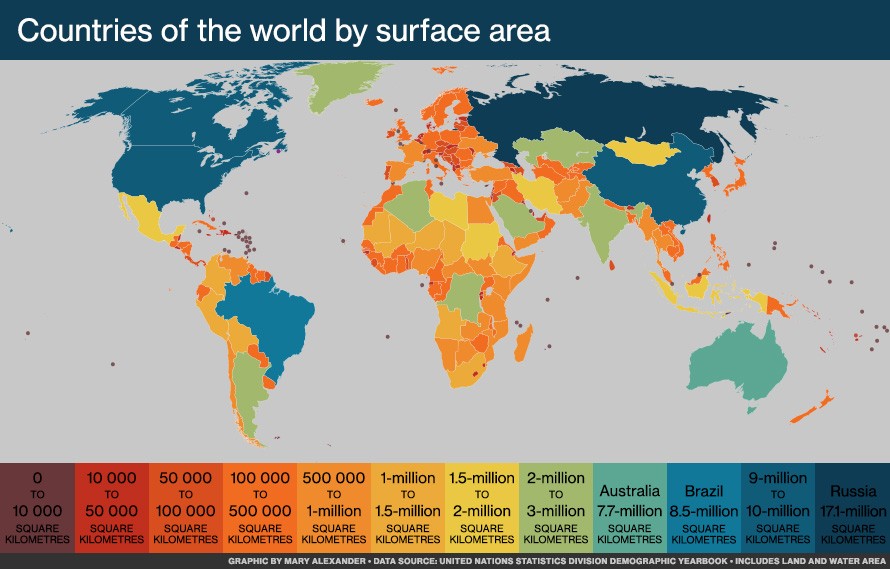 Color-coded map of the world showing countries by surface area with Alaska highlighted.